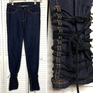 Guilty Brotherhood Kevork Kiledjian Dark Blue CORSET Lace Up Skinny Jeans 26 XS